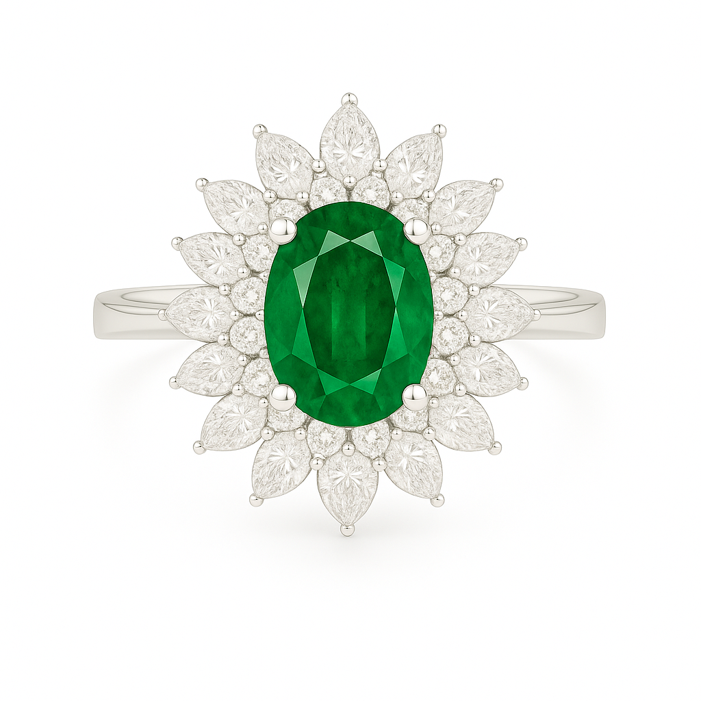 Double Halo Emerald Ring – Oval 7x5 mm with Tapered Diamond Layers