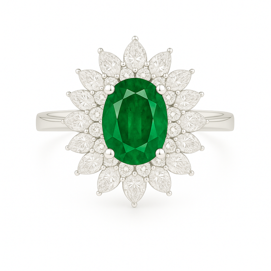 Double Halo Emerald Ring – Oval 7x5 mm with Tapered Diamond Layers