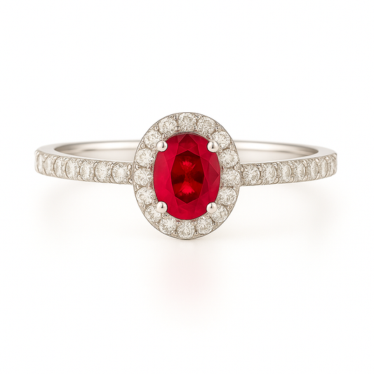 Halo Elegance Ruby Ring with Diamond Band