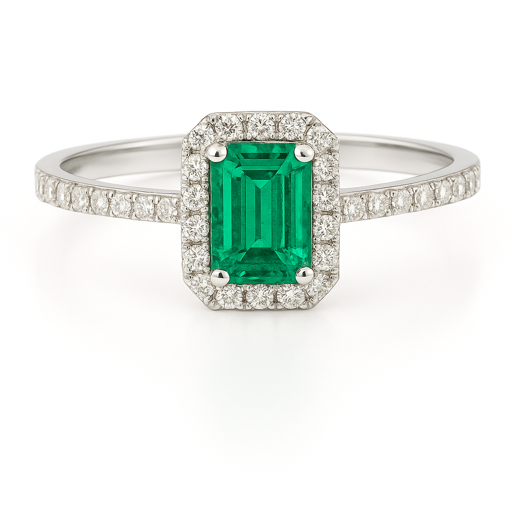 Octagon-Cut Emerald Ring with Diamond Halo and Band