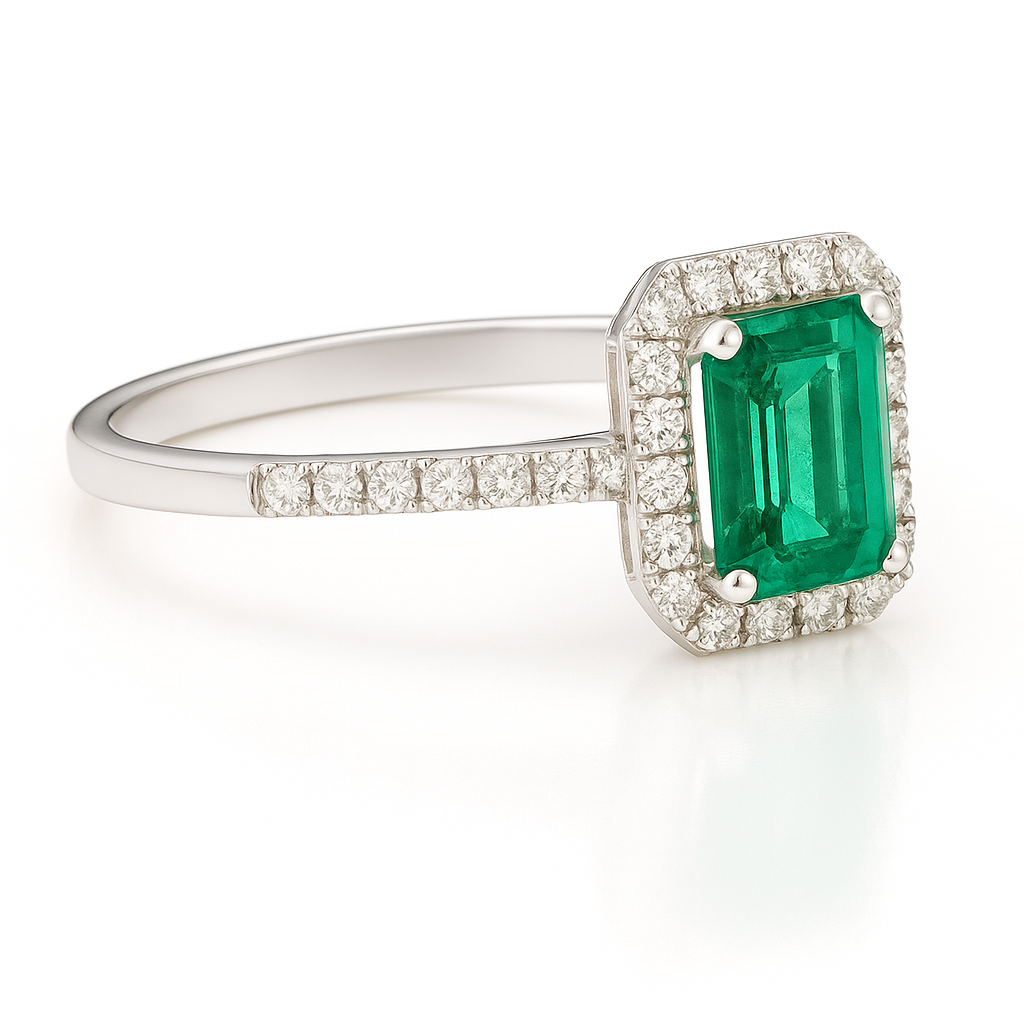 Octagon-Cut Emerald Ring with Diamond Halo and Band