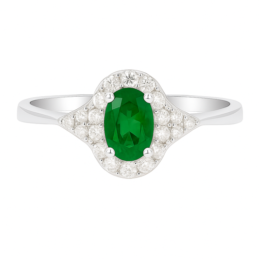 Oval Emerald (6x4mm) Ring with Diamond Halo and Side Accents