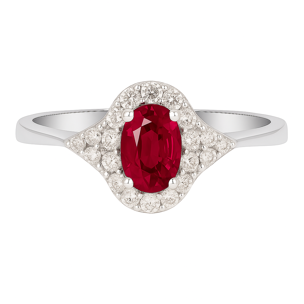 Oval Ruby (6x4mm) Ring with Diamond Halo and Side Accents