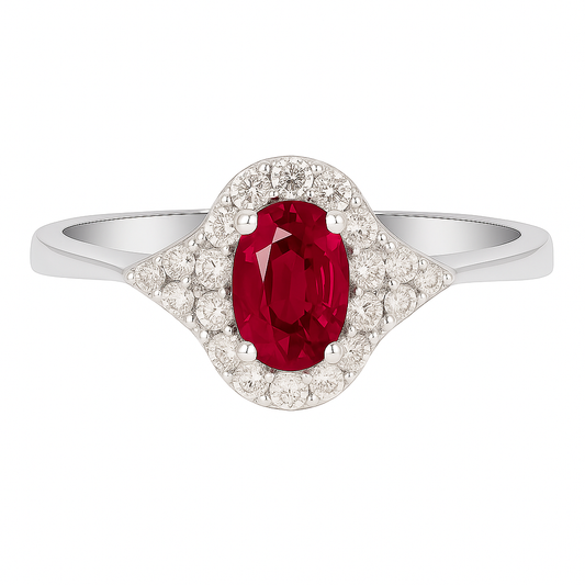 Oval Ruby (6x4mm) Ring with Diamond Halo and Side Accents