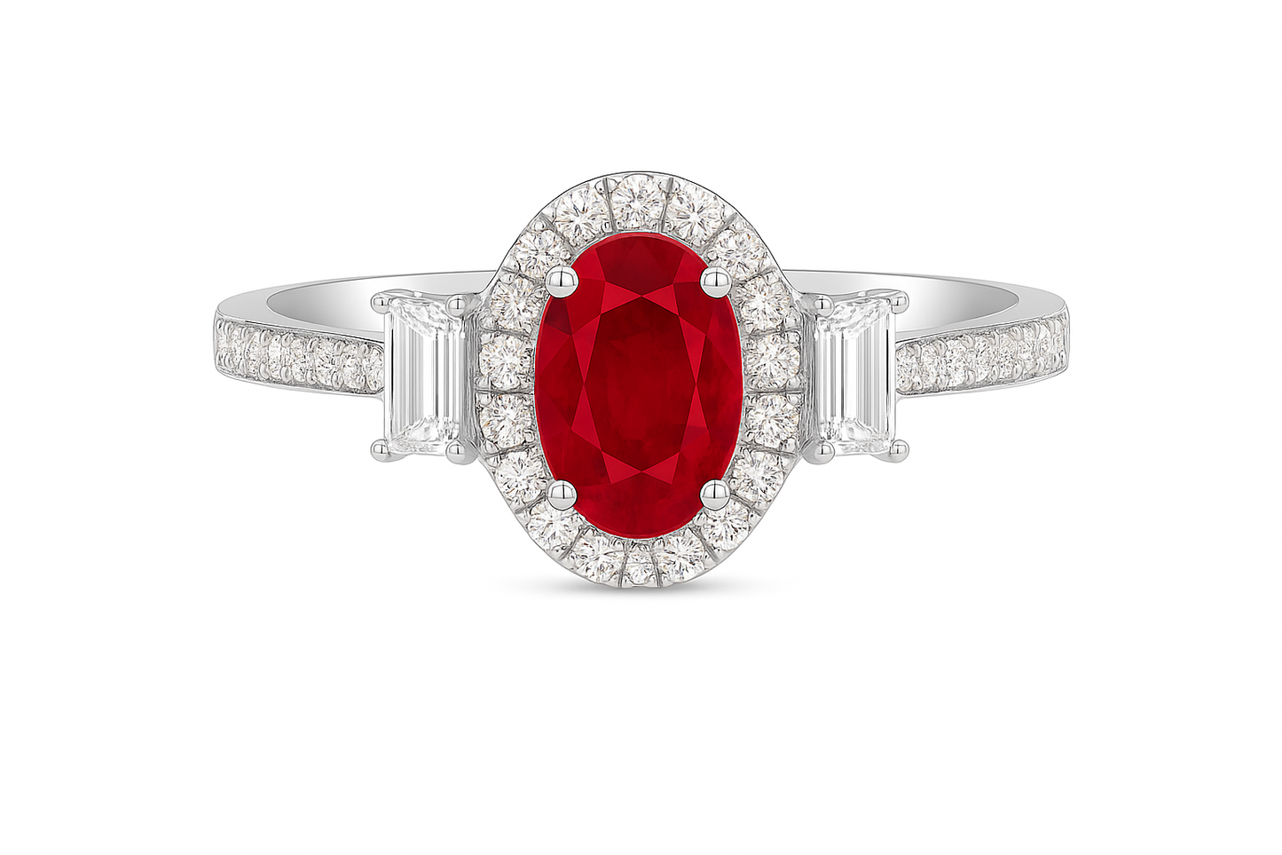Oval Ruby (7x5mm) Ring with Diamond Halo and Baguette Accents