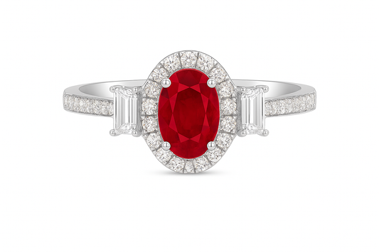 Oval Ruby (7x5mm) Ring with Diamond Halo and Baguette Accents