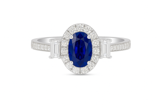 Oval Sapphire (7x5mm) Ring with Diamond Halo and Baguette Accents