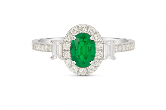 Oval Emerald (7x5mm) Ring with Diamond Halo and Side Baguette Accents