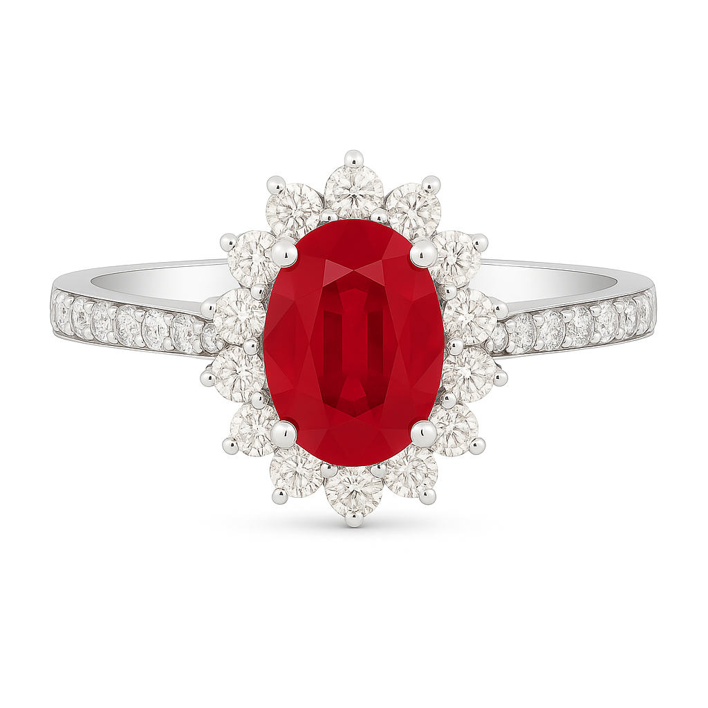 Ruby (7x5mm) Ring with Bold Diamond Halo and Band Accents