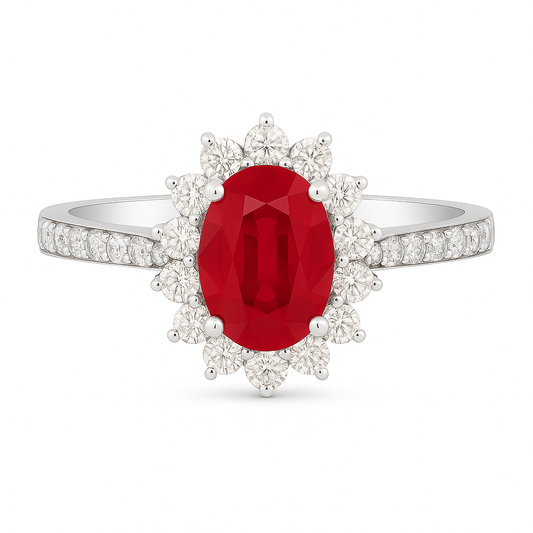 Ruby (7x5mm) Ring with Bold Diamond Halo and Band Accents