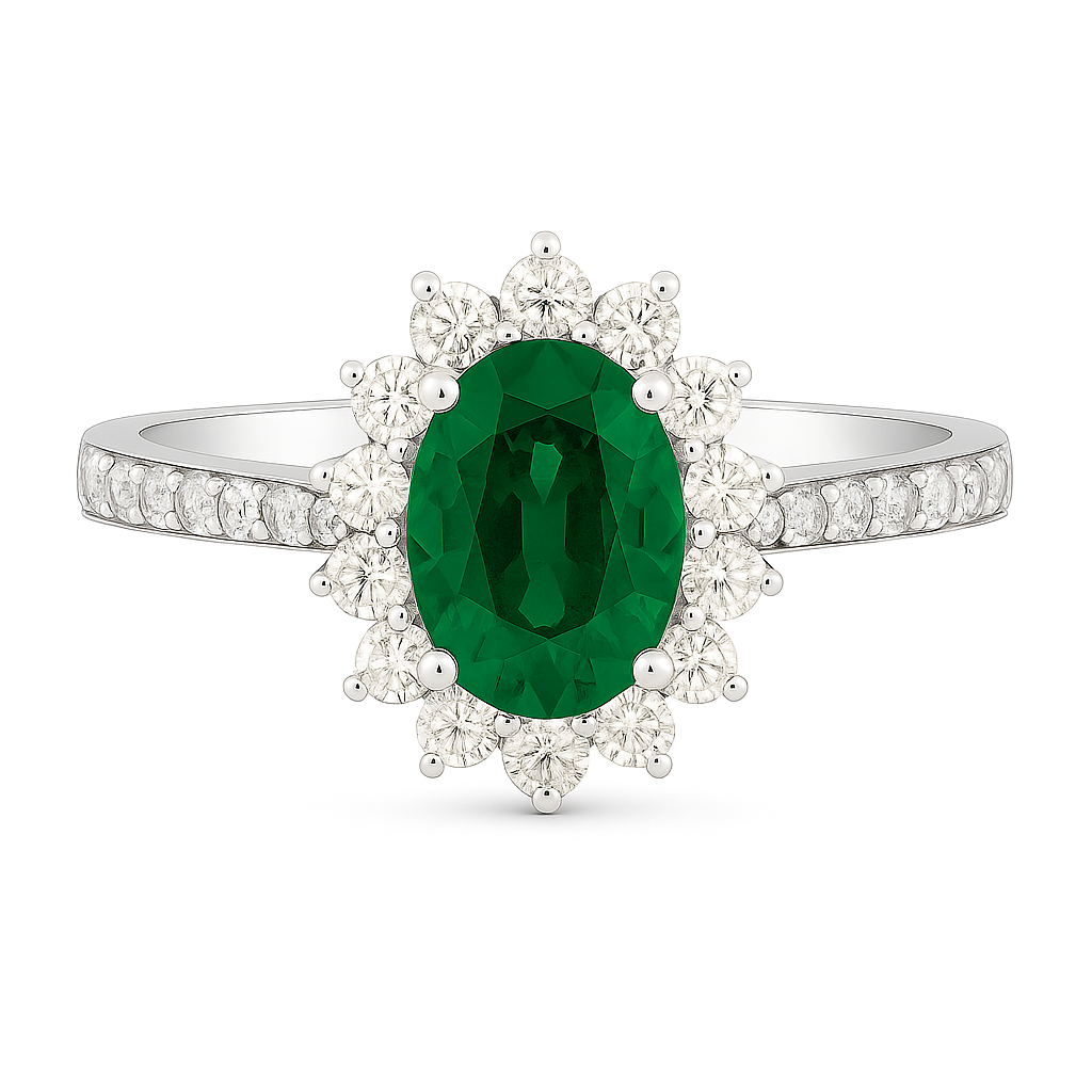 Emerald (7x5mm) Ring with Natural Diamond Halo and Band Detailing