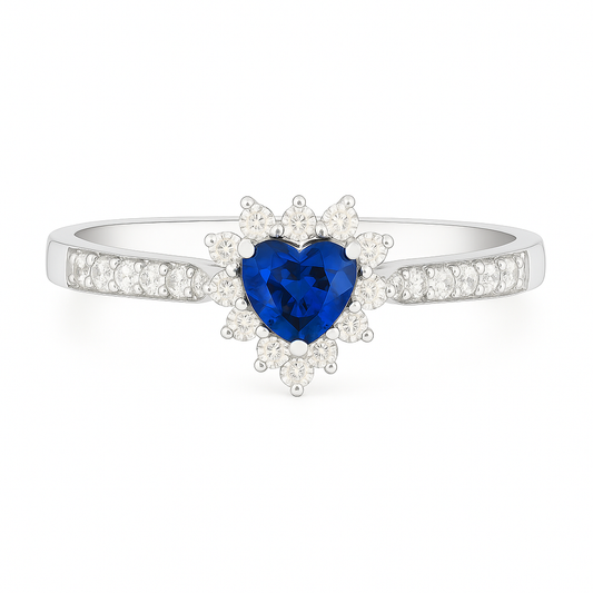 Heart-Shaped Blue Sapphire Ring with Diamond Halo and Band