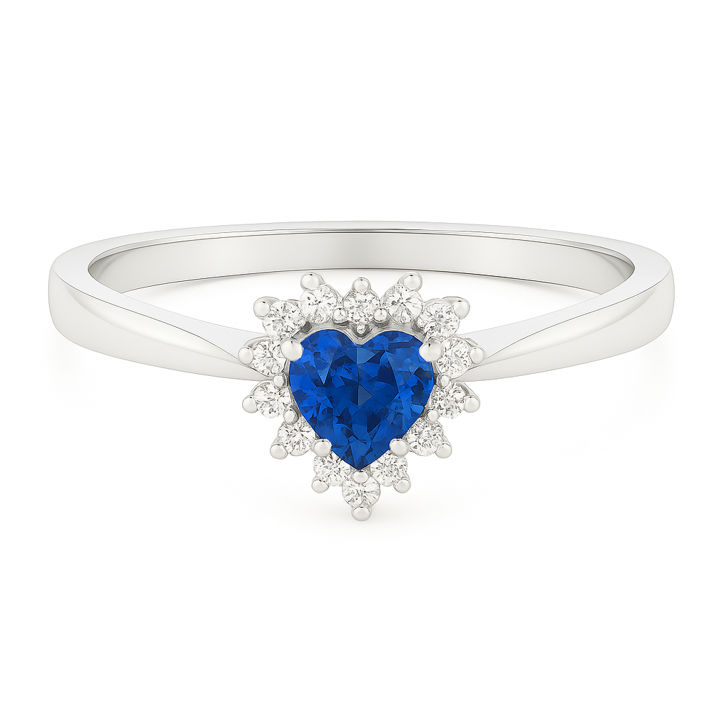 Heart-Shaped Blue Sapphire Ring with Diamond Halo