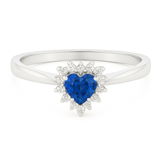 Heart-Shaped Blue Sapphire Ring with Diamond Halo