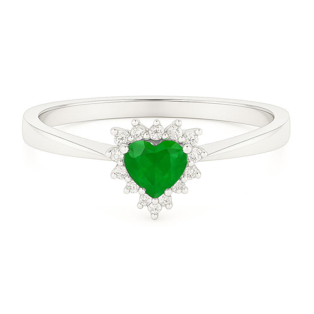 Heart-Shaped Emerald Ring with Diamond Halo