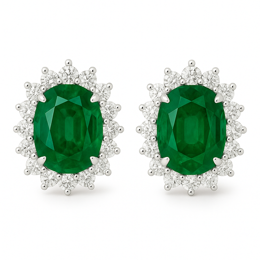 Oval-Cut Emerald & Diamond Halo Earrings (8 x 6 mm)