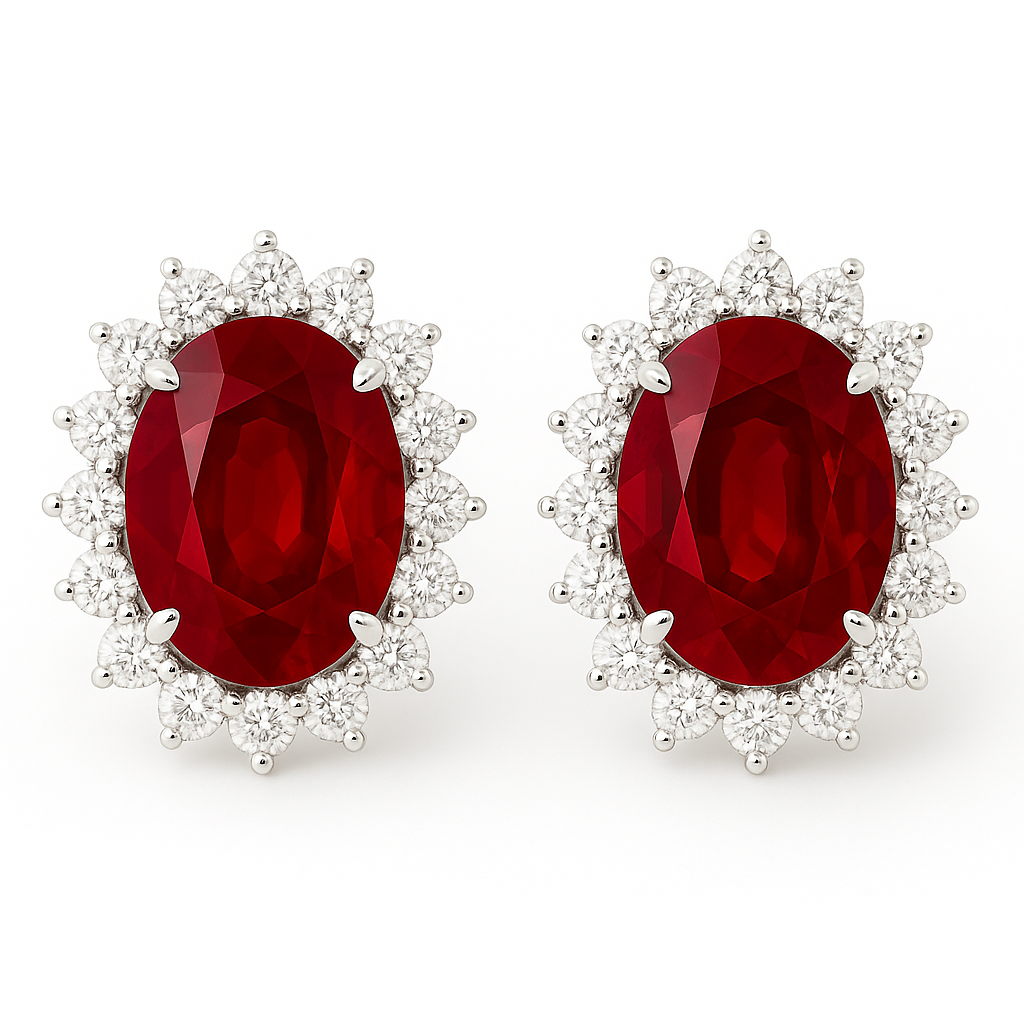 Oval-Cut Ruby & Diamond Halo Earrings (8 x 6 mm)