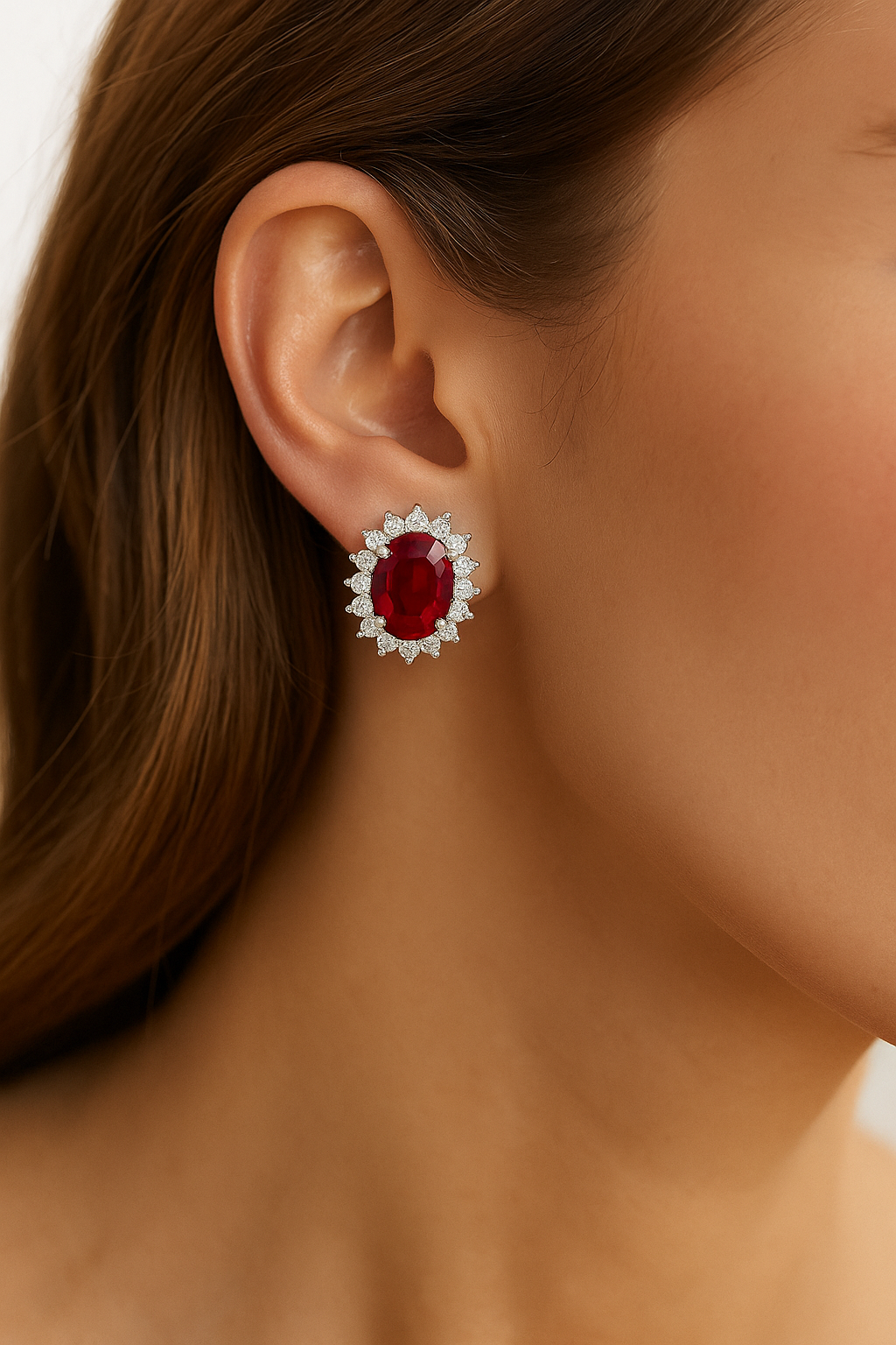 Oval-Cut Ruby & Diamond Halo Earrings (8 x 6 mm)