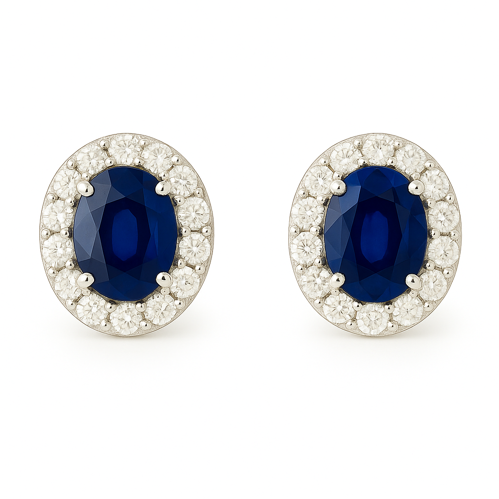 Halo-Set Oval-Cut Sapphire & Diamond Stud Earrings (4 x 3 mm)