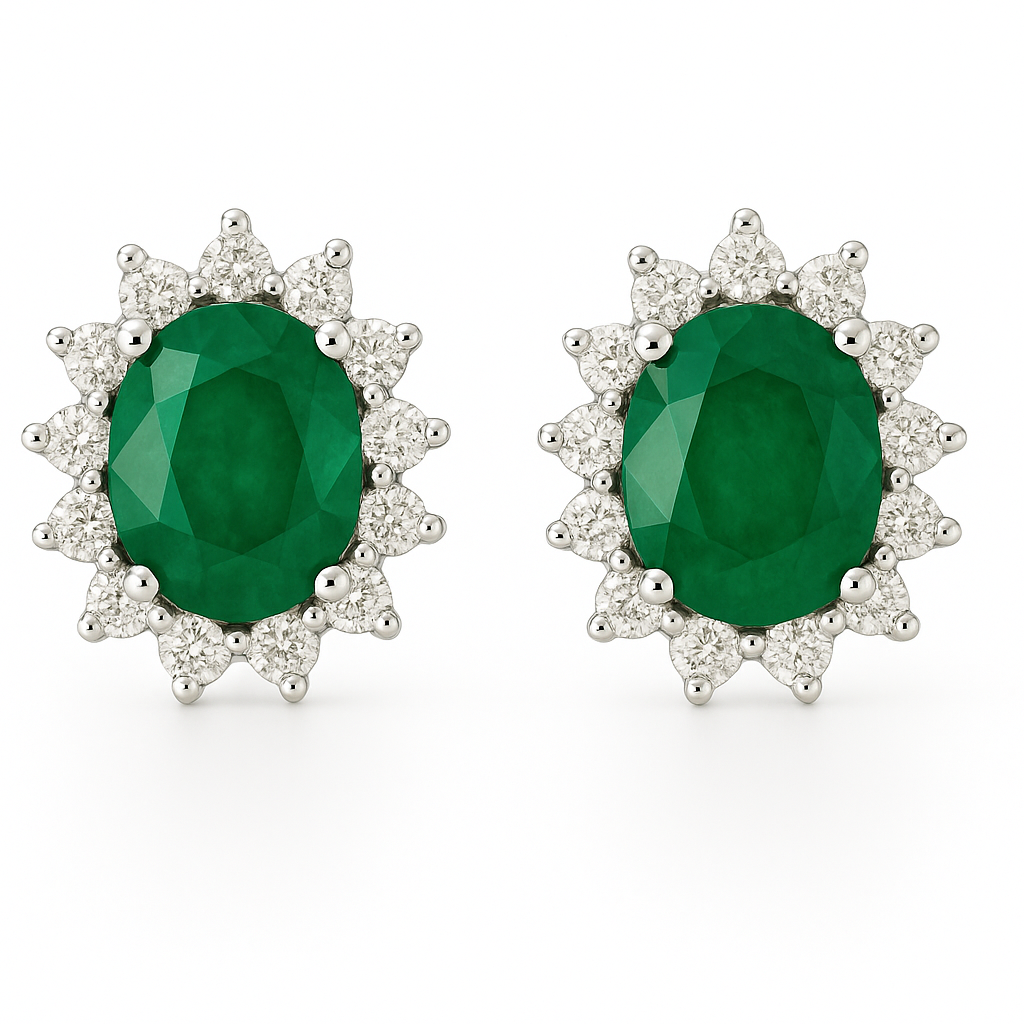 Petite Oval-Cut Emerald & Diamond Halo Earrings (5 x 4 mm)