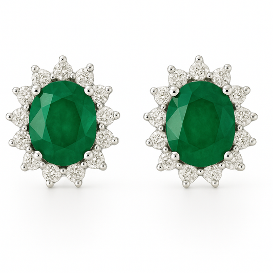 Petite Oval-Cut Emerald & Diamond Halo Earrings (5 x 4 mm)