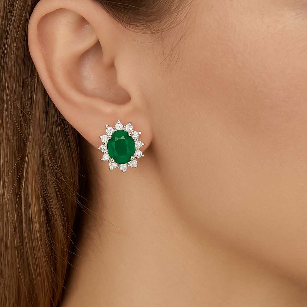 Petite Oval-Cut Emerald & Diamond Halo Earrings (5 x 4 mm)