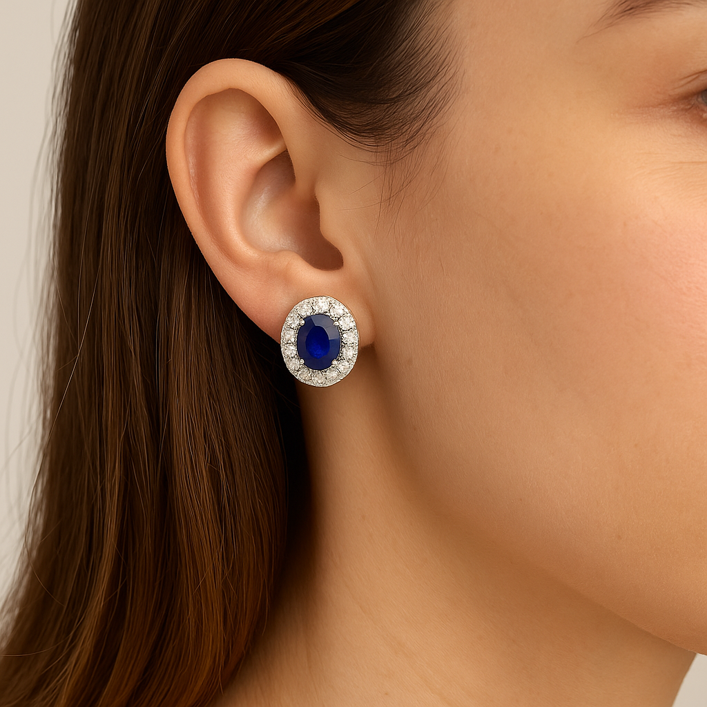 Halo-Set Oval-Cut Sapphire & Diamond Stud Earrings (4 x 3 mm)