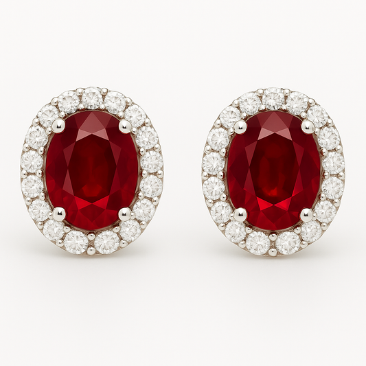 Oval-Cut Ruby & Diamond Halo Earrings (5 x 4 mm):