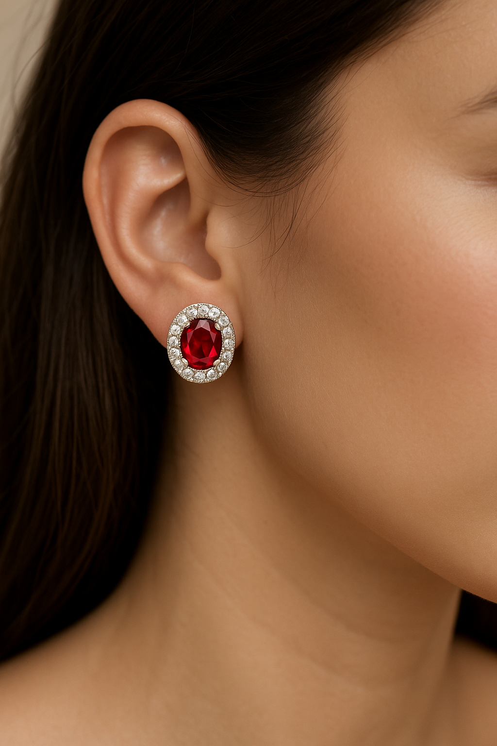 Oval-Cut Ruby & Diamond Halo Earrings (5 x 4 mm):