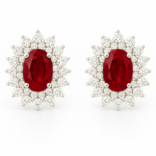 Oval-Cut Ruby Earrings with Double Diamond Halo (5 x 4 mm)