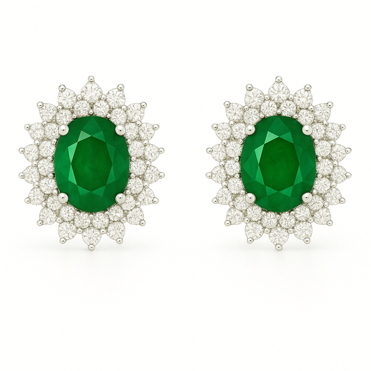 Oval-Cut Emerald Earrings with Double Halo of Pointed Diamonds (5 x 4 mm)