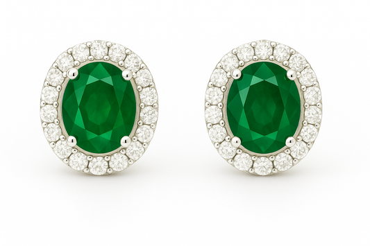 Oval-Cut Emerald and Diamond Halo Stud Earrings (5x4 mm)