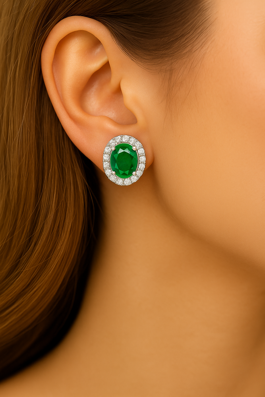 Oval-Cut Emerald and Diamond Halo Stud Earrings (5x4 mm)