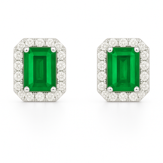 Emerald-Cut Emerald Earrings with Diamond Halo (6x4mm)