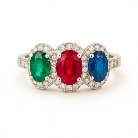 Tri-Color Oval Gemstone ring (7x5 mm) with Diamond Halo