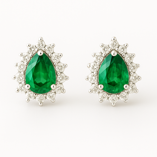 Pear-Shaped Emerald Earrings with Diamond Halo (7x5mm)