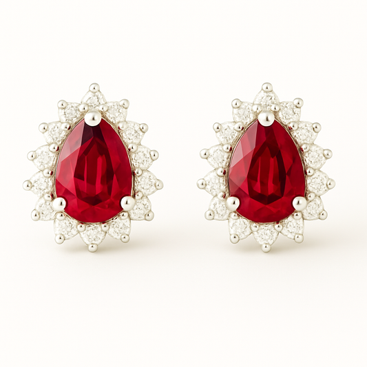 Pear-Shaped Ruby Earrings with Diamond Halo (7x5mm)