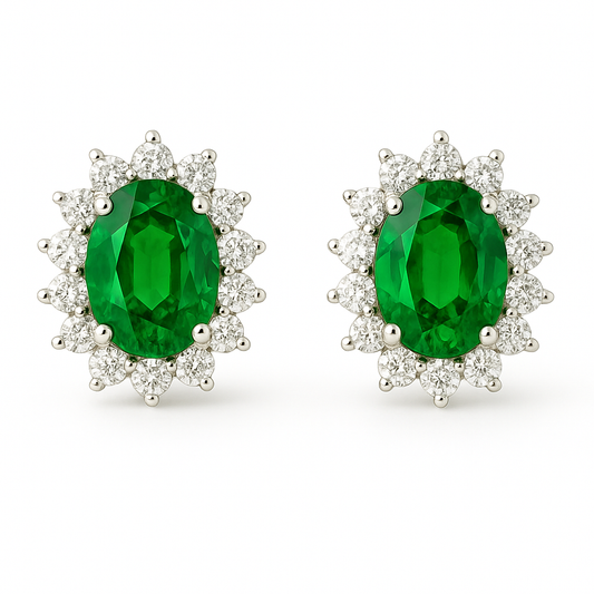 Oval-Shaped Emerald Earrings with Diamond Halo (7x5mm)
