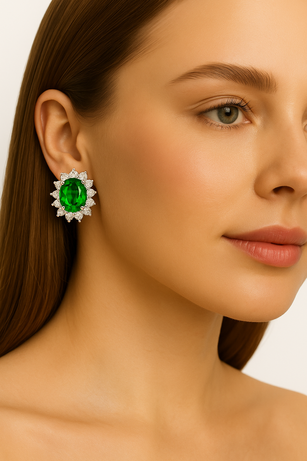 Oval-Shaped Emerald Earrings with Diamond Halo (7x5mm)