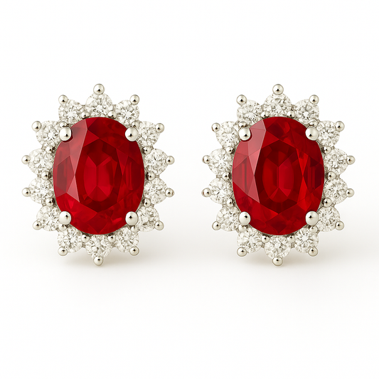 Oval-Shaped Ruby Earrings with Diamond Halo (7x5mm)