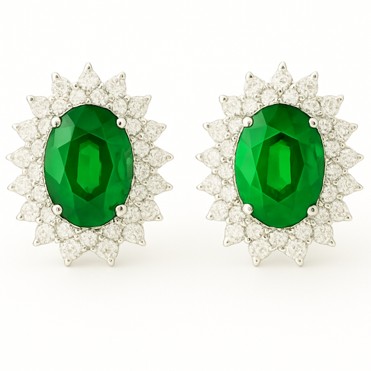 Oval-Shaped Emerald Earrings with Double Halo of Pointed Diamonds (7x5mm)