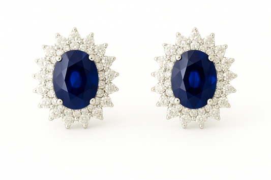 Oval-Shaped Sapphire Earrings with Double Halo of Pointed Diamonds (7x5mm)
