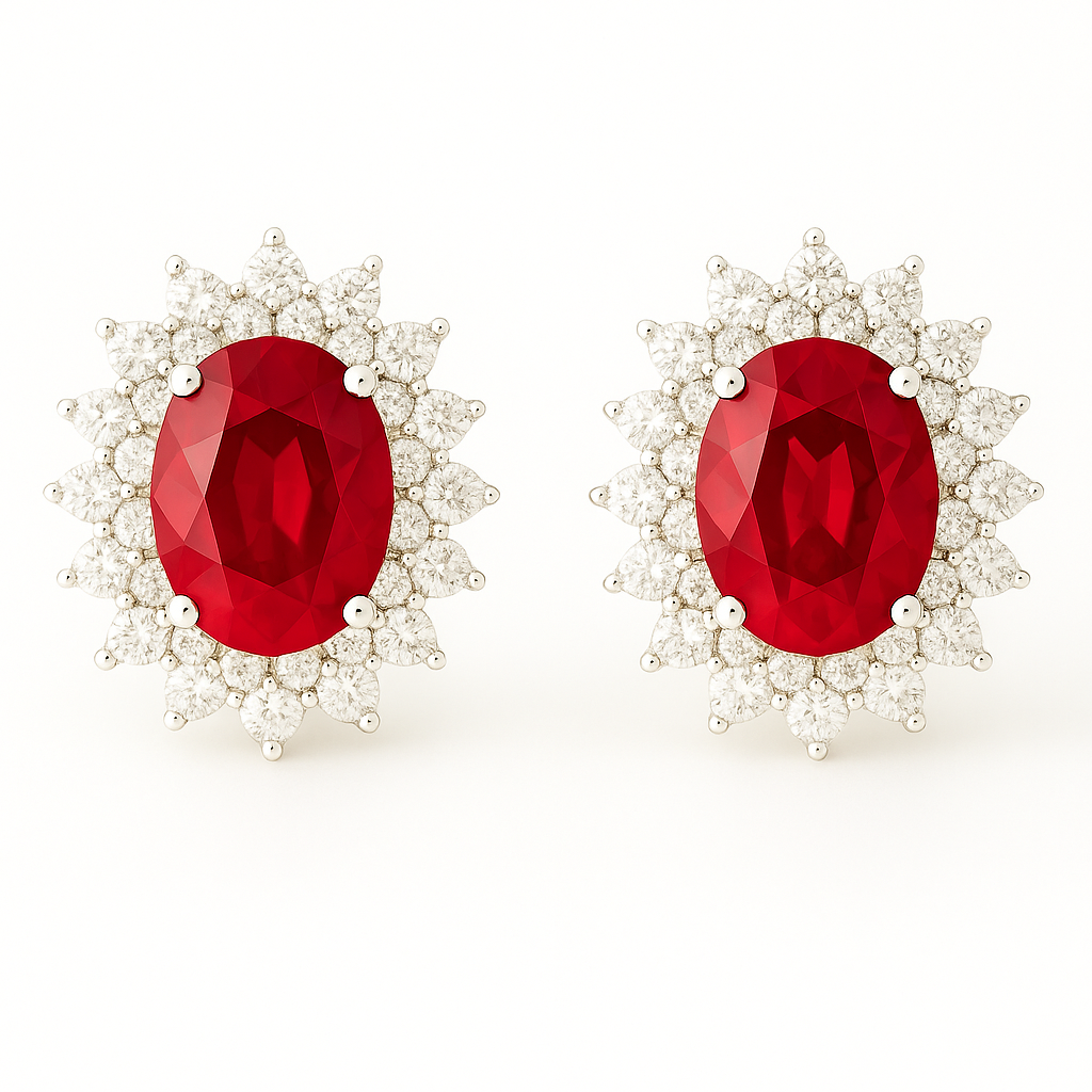 Oval Ruby Earrings with Double Halo of Pointed Diamonds (7x5mm)