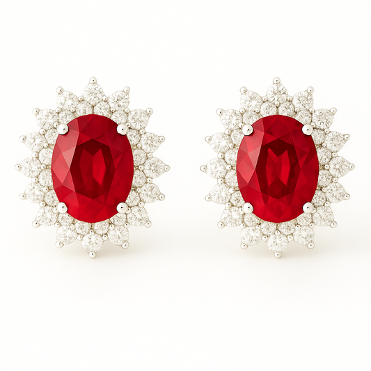 Oval Ruby Earrings with Double Halo of Pointed Diamonds (7x5mm)
