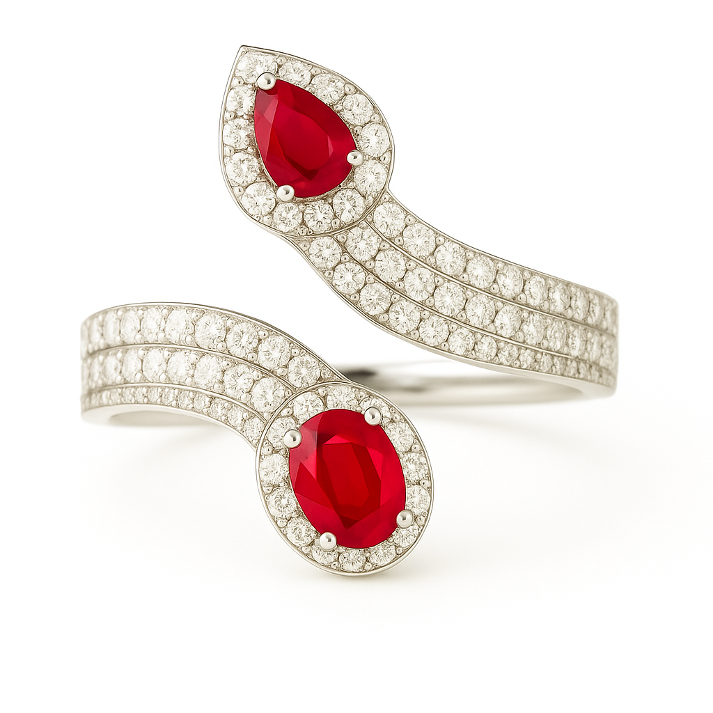 Serpent-Inspired Ruby Ring with Triple Diamond Bridge (5x4mm)