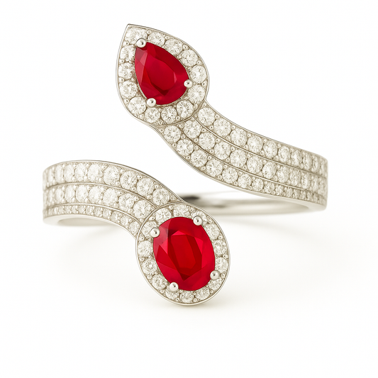 Serpent-Inspired Ruby Ring with Triple Diamond Bridge (5x4mm)