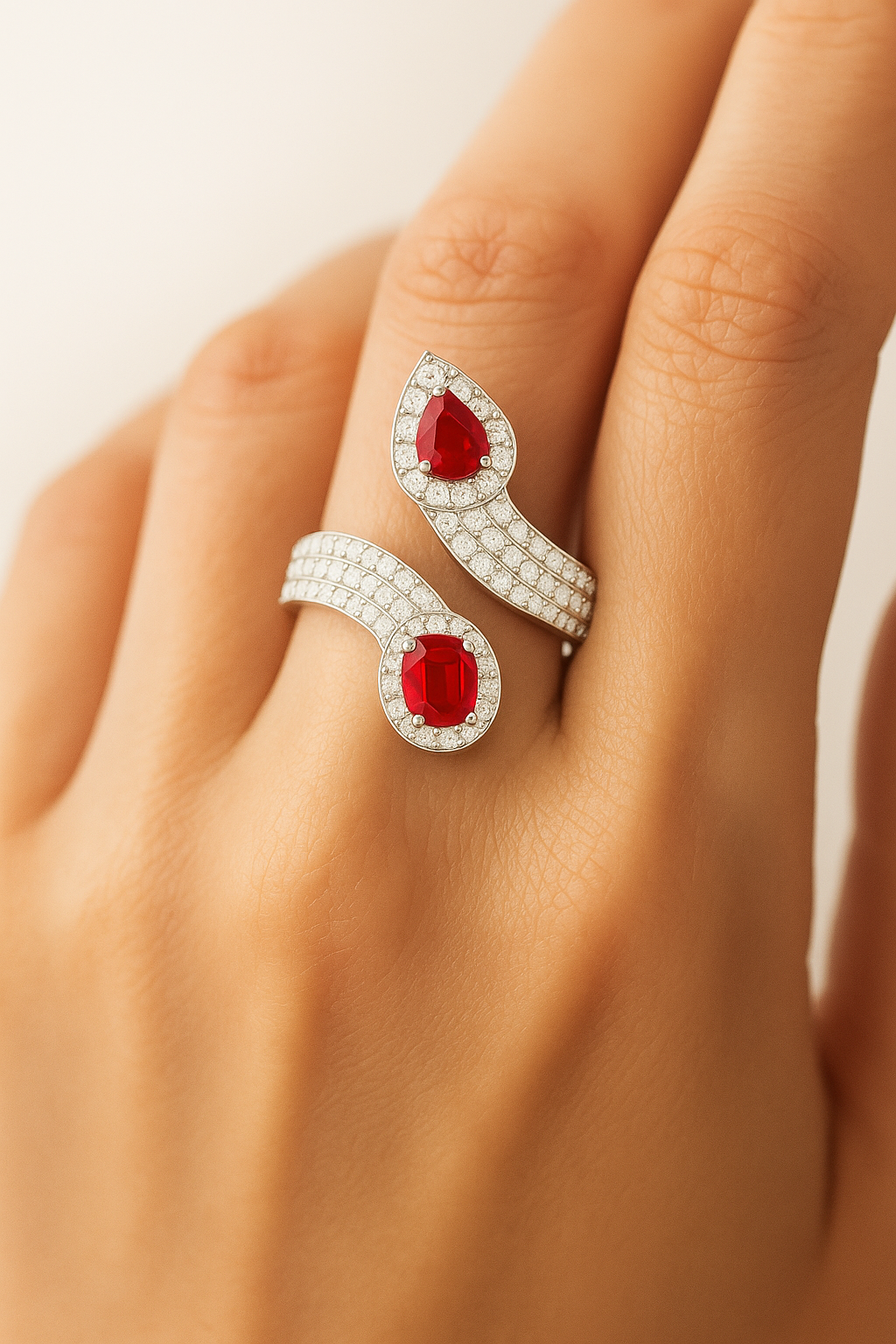 Serpent-Inspired Ruby Ring with Triple Diamond Bridge (5x4mm)