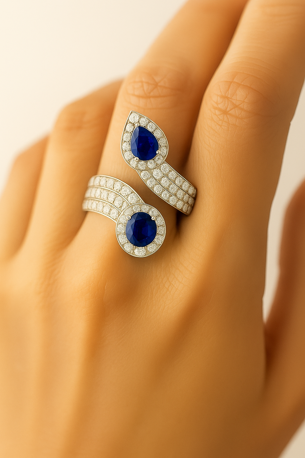 Serpent-Inspired Sapphire Ring with Triple Diamond Bridge (5x4mm)
