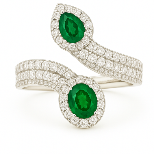 Serpent-Inspired Emerald Ring with Triple Diamond Bridge (5x4mm)