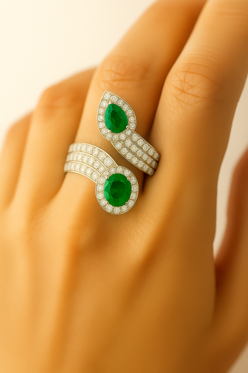 Serpent-Inspired Emerald Ring with Triple Diamond Bridge (5x4mm)